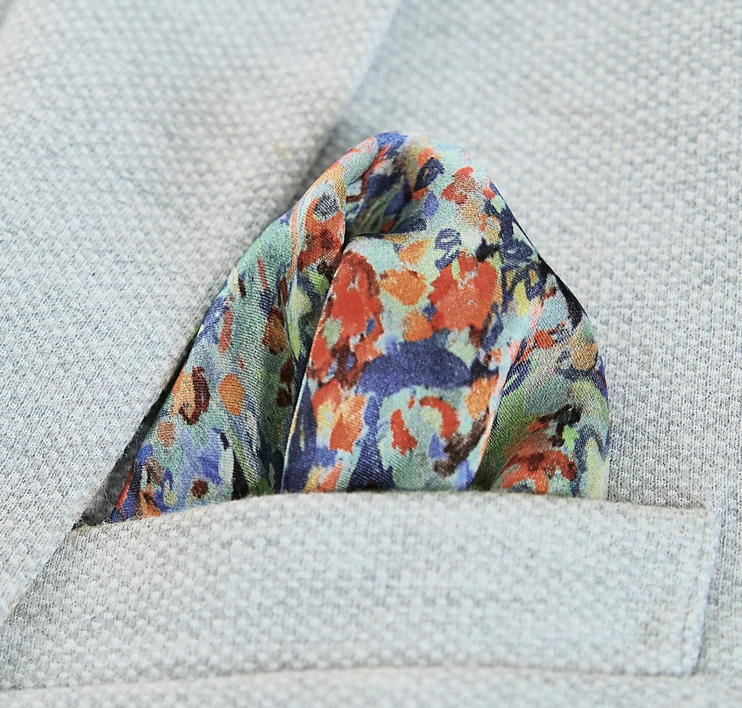 Silk Pocket Square Hand Painted Flower Field Blue