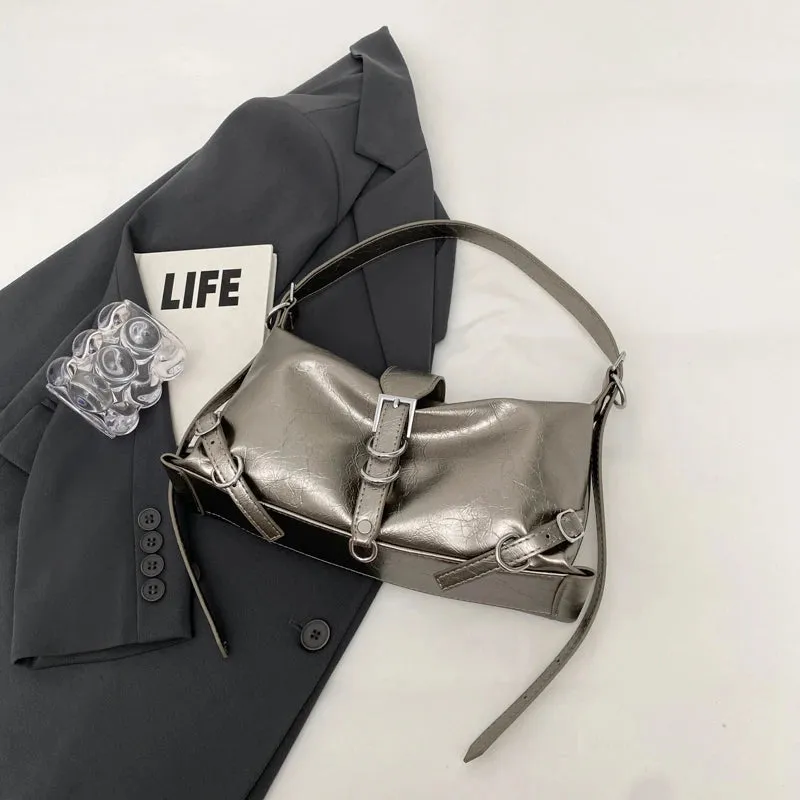 Silver Faux Leather Crossbody Bag Luxury Y2k New Fashion Underarm Shoulder Bag Quality Handbags
