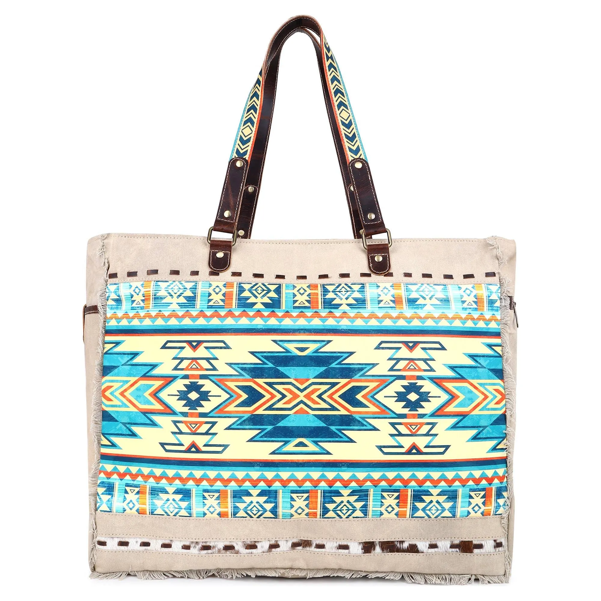 Sixtease Bags - Canvas Cowhide & Leather Women Weekender Bag - Dun/Moonstone