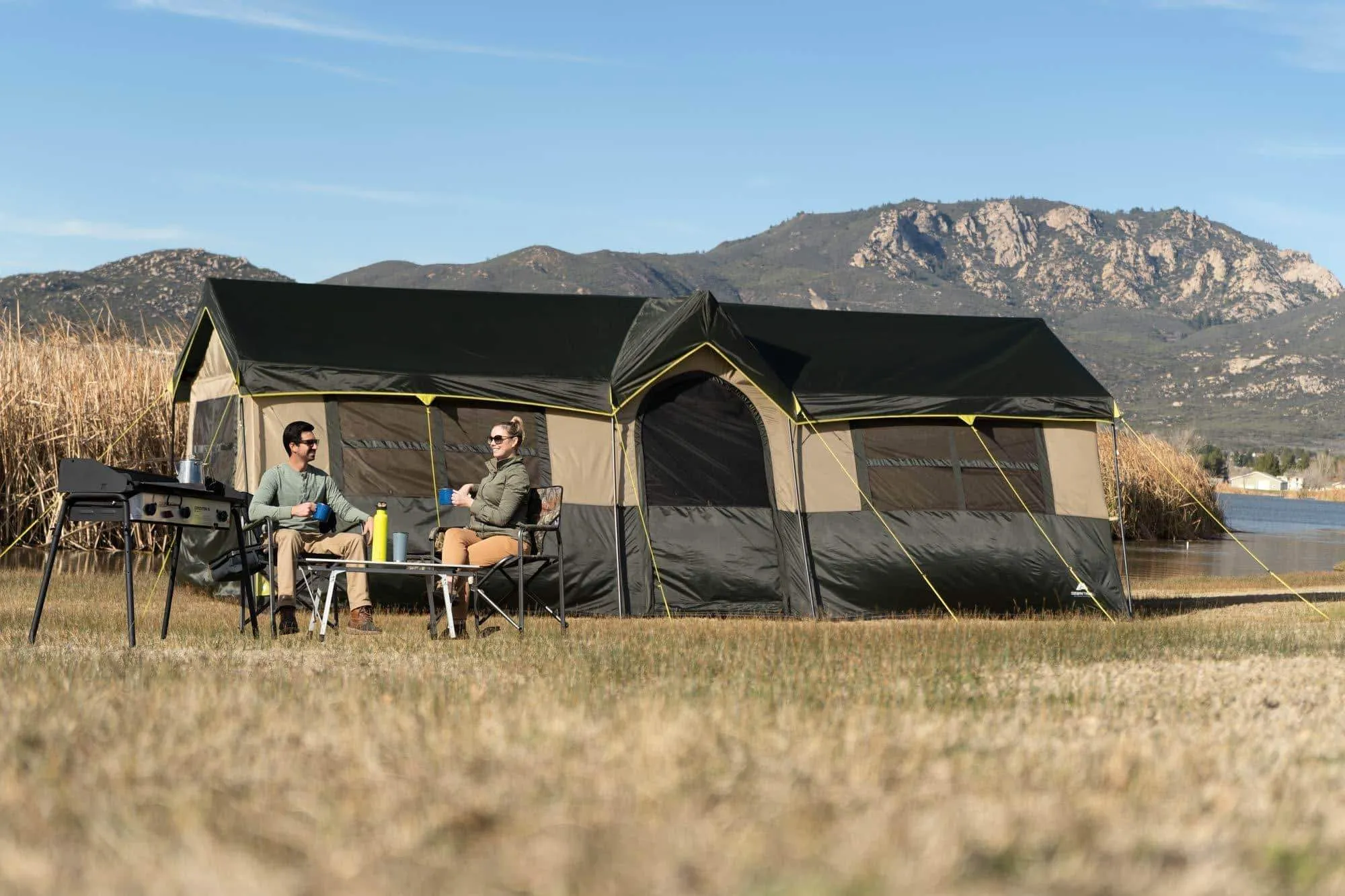 Spacious and Comfortable Ozark Trail Hazel Creek 12 Person Cabin Tent,with Two Closets with Hanging Organizers,Room Dividers,Mud Mat,E-Port and Rolling Storage Duffel for Convenience,Green