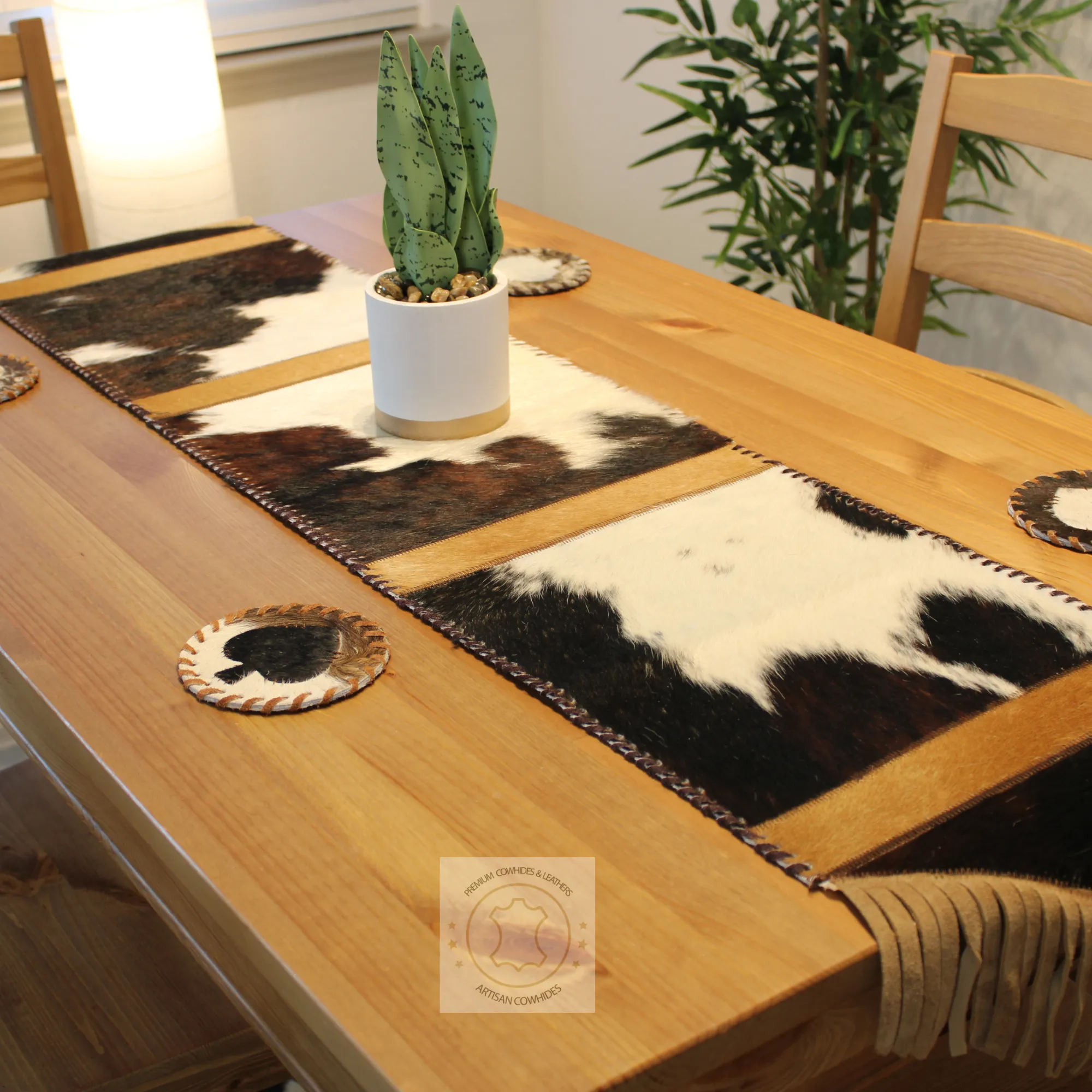 Speckled Black & White Cowhide Table Runner 8ft long - Table Decor Runner