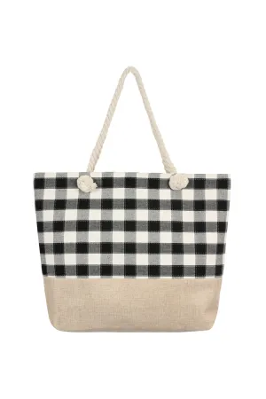 STITCHED PLAID PATTERN TOTE BAG