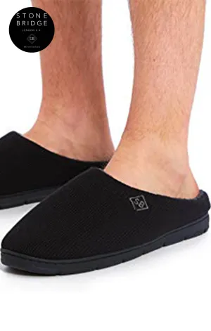 STONEBRIDGE Men's Black Luxury Memory Foam Plush Lined Mule Slippers with Anti-Slip Sole