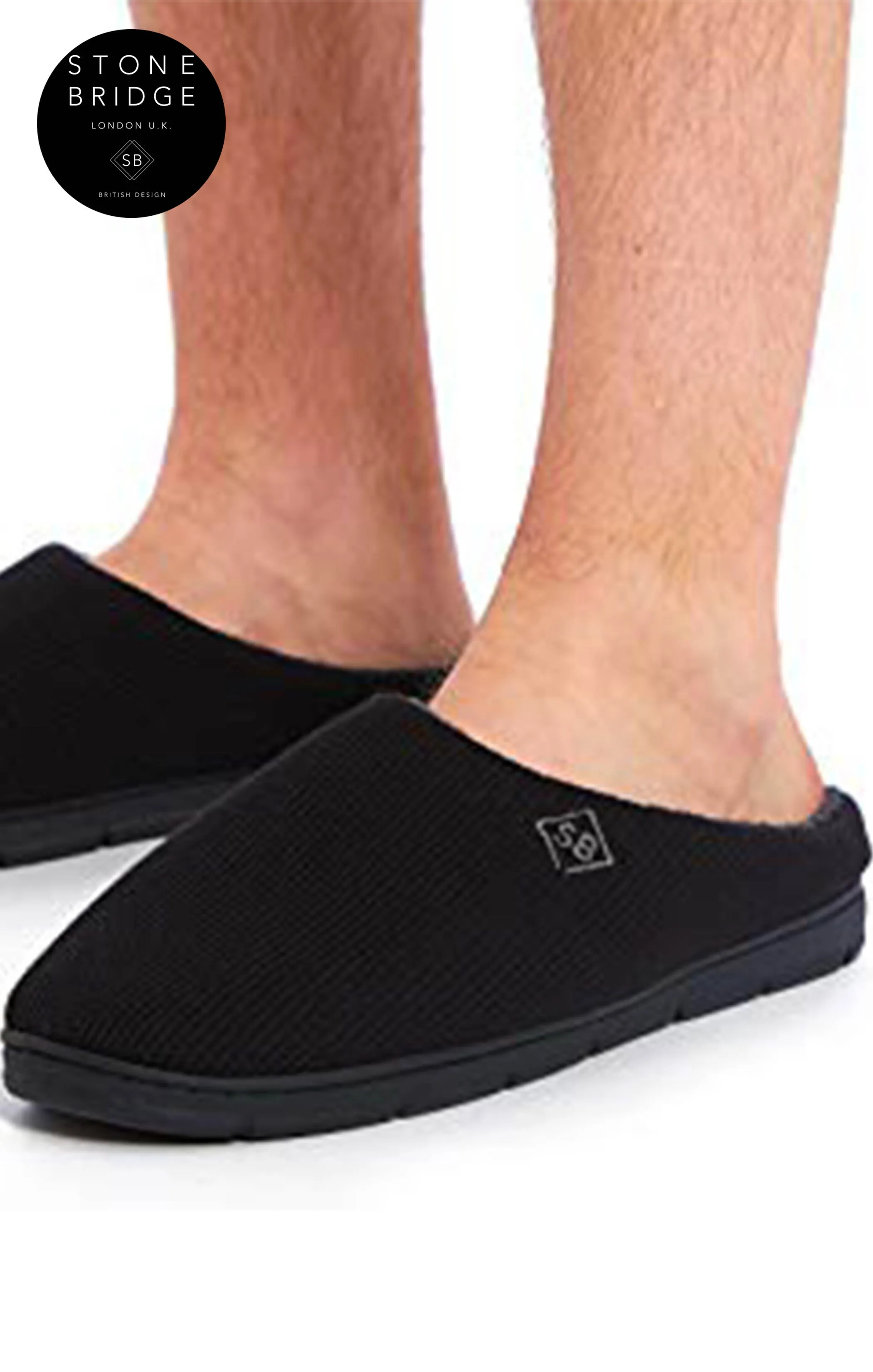 STONEBRIDGE Men's Black Luxury Memory Foam Plush Lined Mule Slippers with Anti-Slip Sole