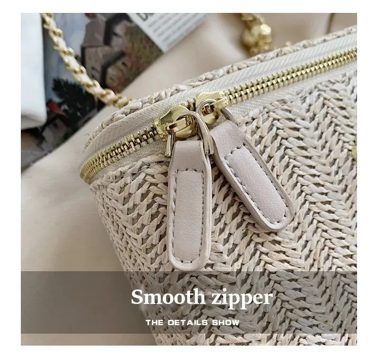 Straw Bucket Crossbody Bag - Fashion Weave Handbag with Chain Chic Shoulder Bags Purses