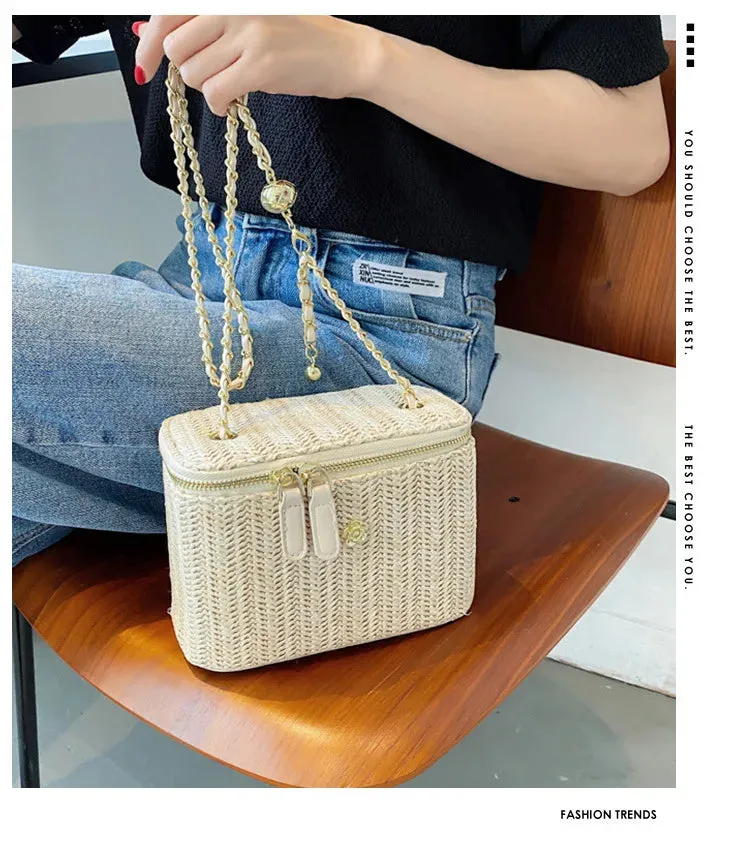 Straw Bucket Crossbody Bag - Fashion Weave Handbag with Chain Chic Shoulder Bags Purses