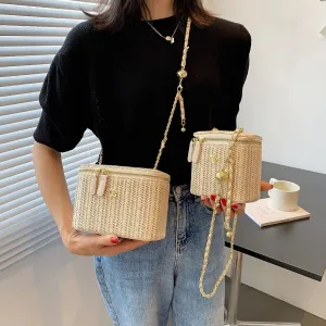 Straw Bucket Crossbody Bag - Fashion Weave Handbag with Chain Chic Shoulder Bags Purses