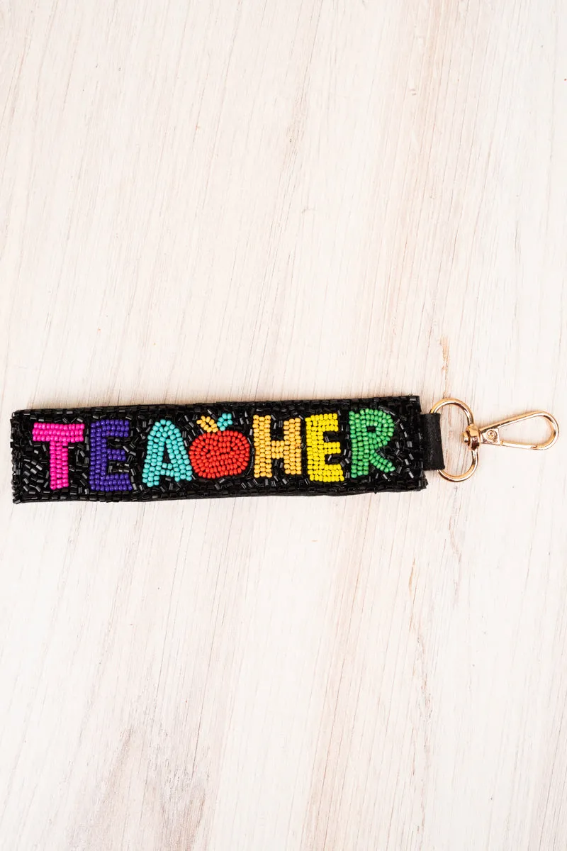 Teacher Seed Bead Black Wristlet Keychain