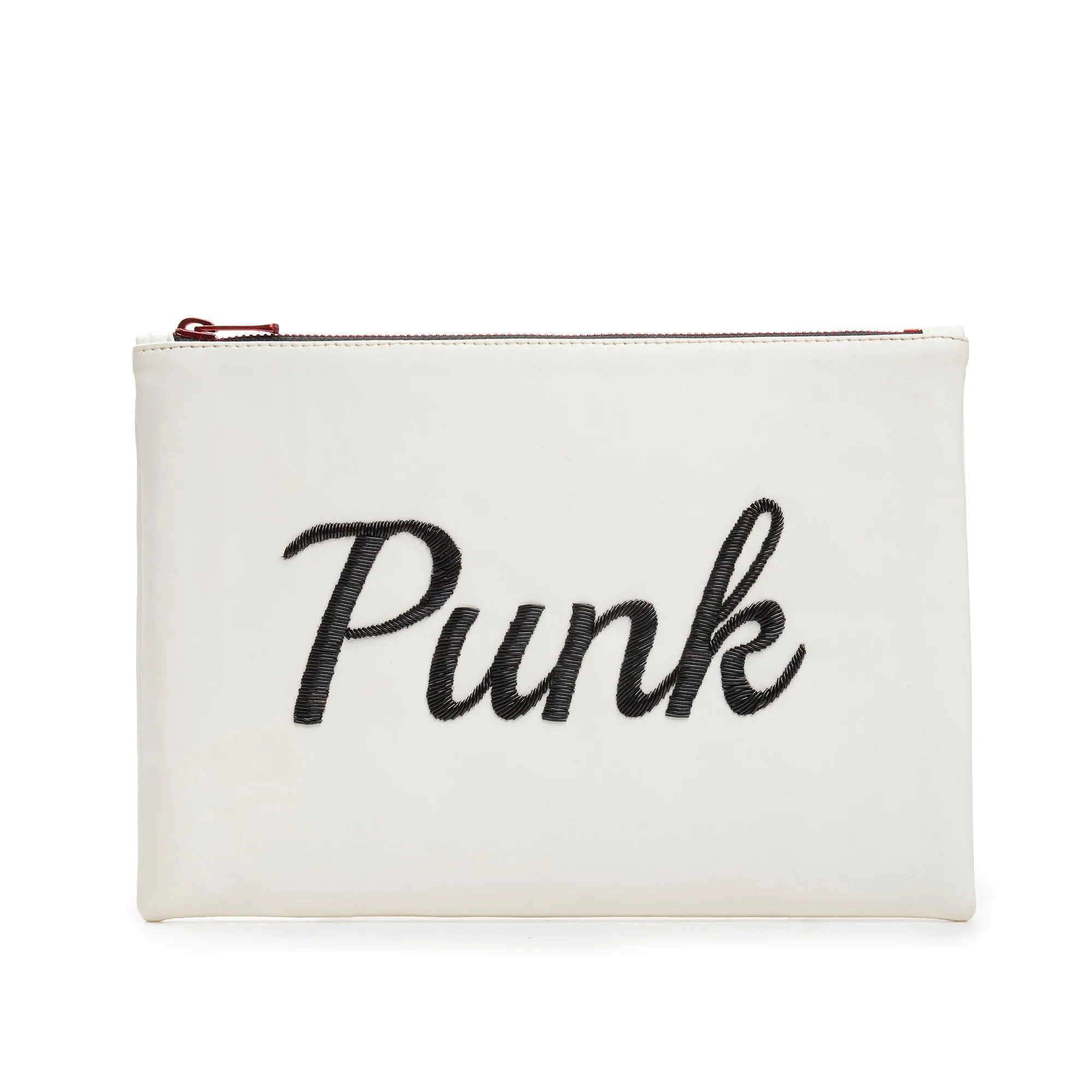 TEXT EMBROIDERED CLUTCH BAG