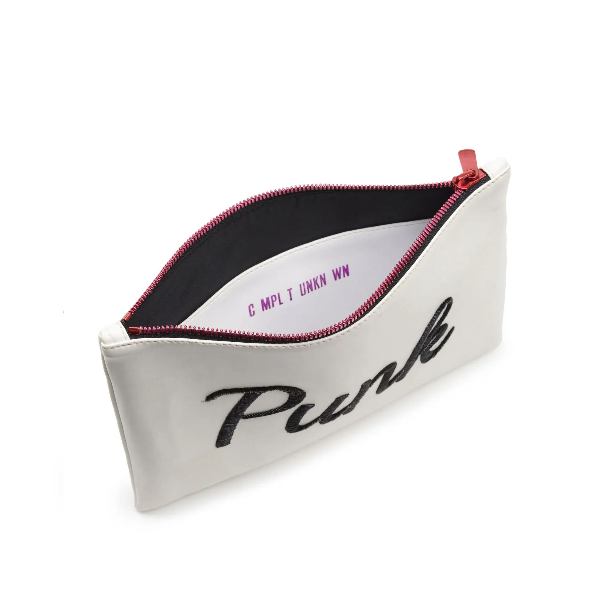 TEXT EMBROIDERED CLUTCH BAG