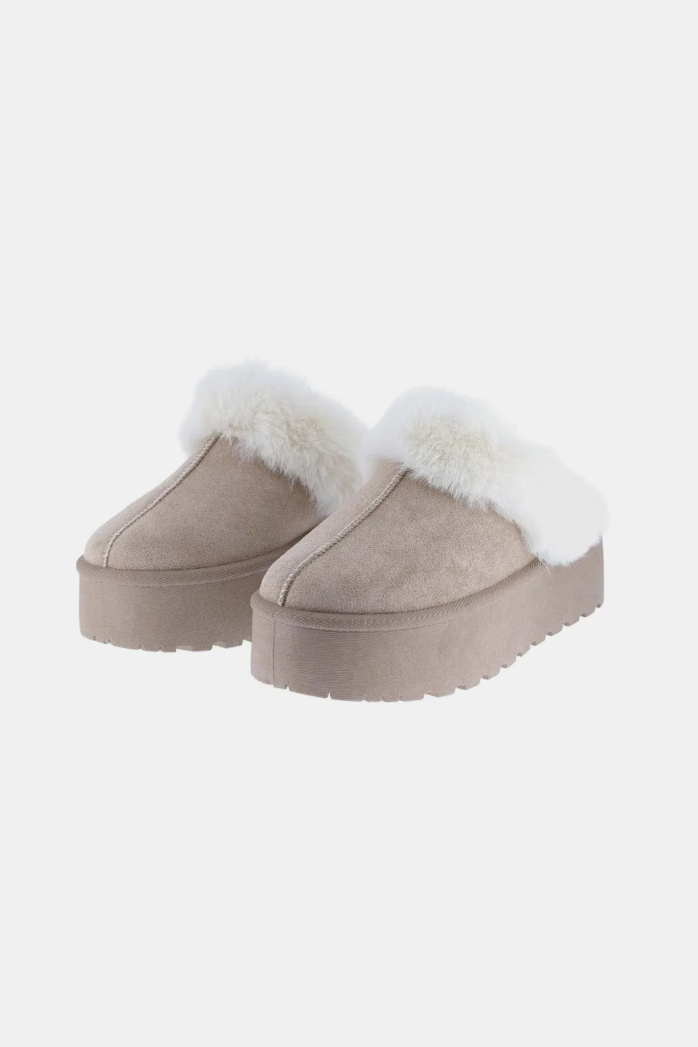 Thick Bottom Fur Trim Taupe Snow Slippers