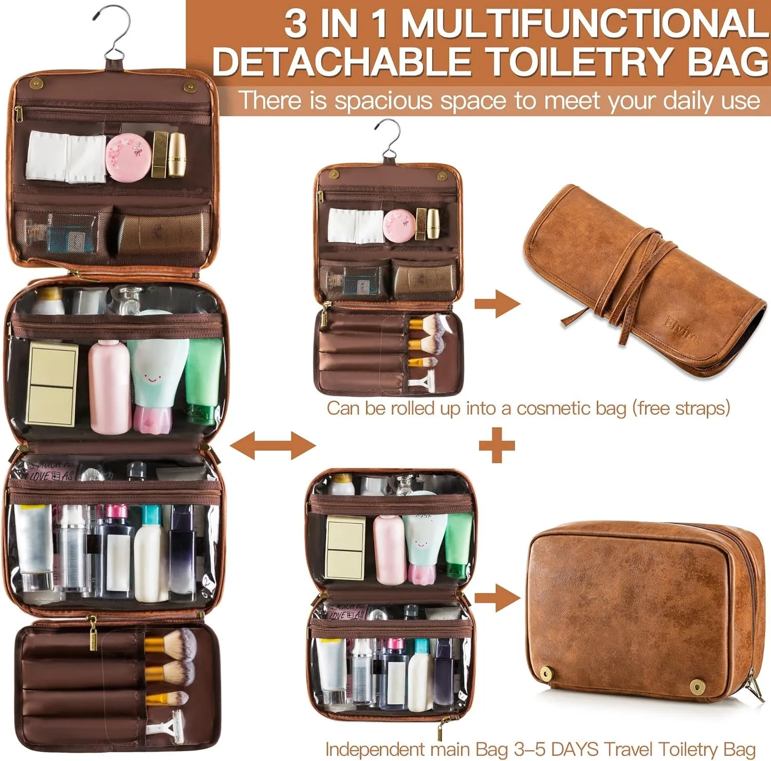 Toiletry Bag Hanging Travel Organizer for Men and Women, 3 in 1 Multifunctional Large Makeup Cosmetic Case for Toiletries Accessories, Water-Resistant PU Leather Bathroom Dopp Kit Shaving Bag