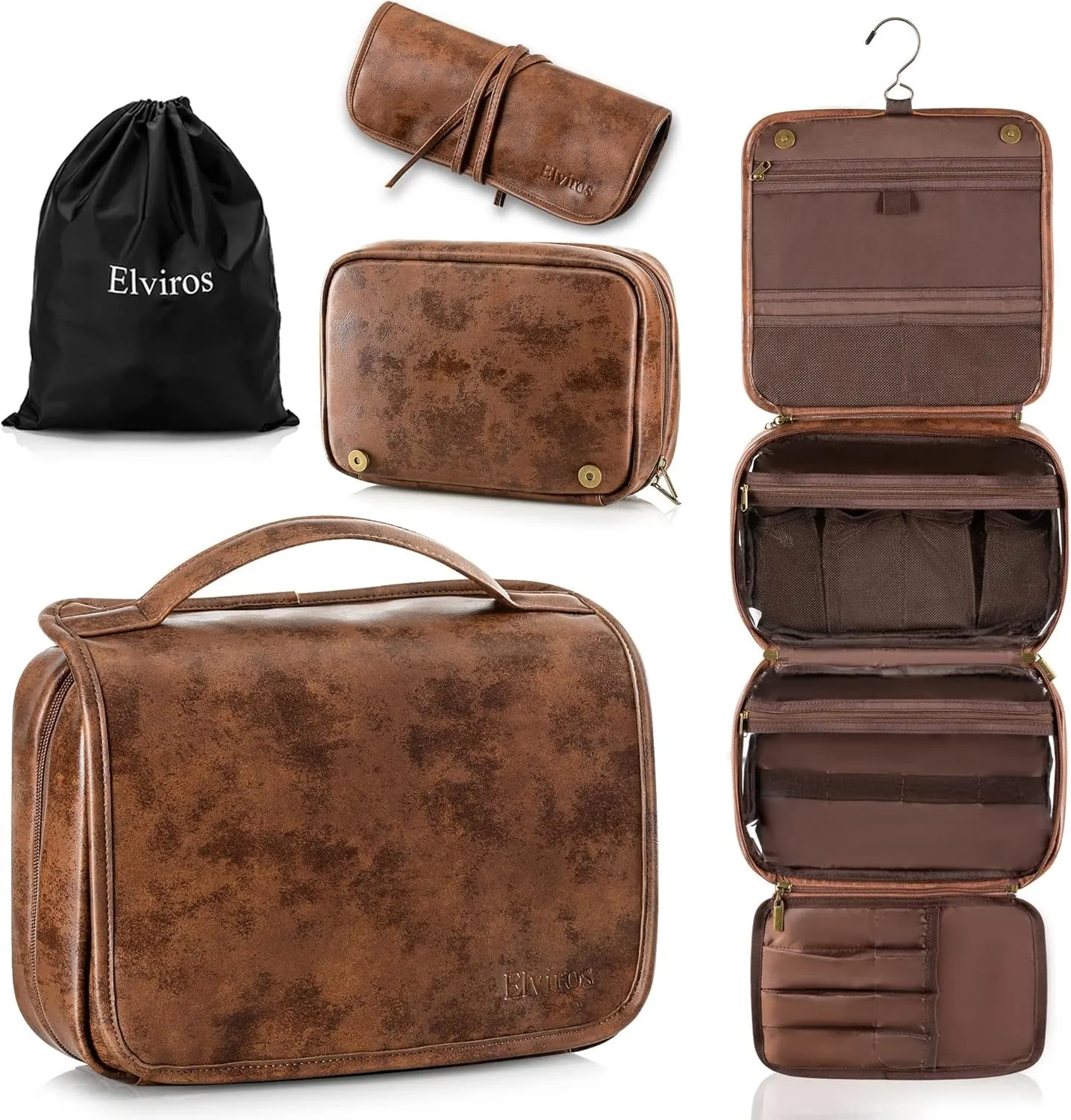 Toiletry Bag Hanging Travel Organizer for Men and Women, 3 in 1 Multifunctional Large Makeup Cosmetic Case for Toiletries Accessories, Water-Resistant PU Leather Bathroom Dopp Kit Shaving Bag