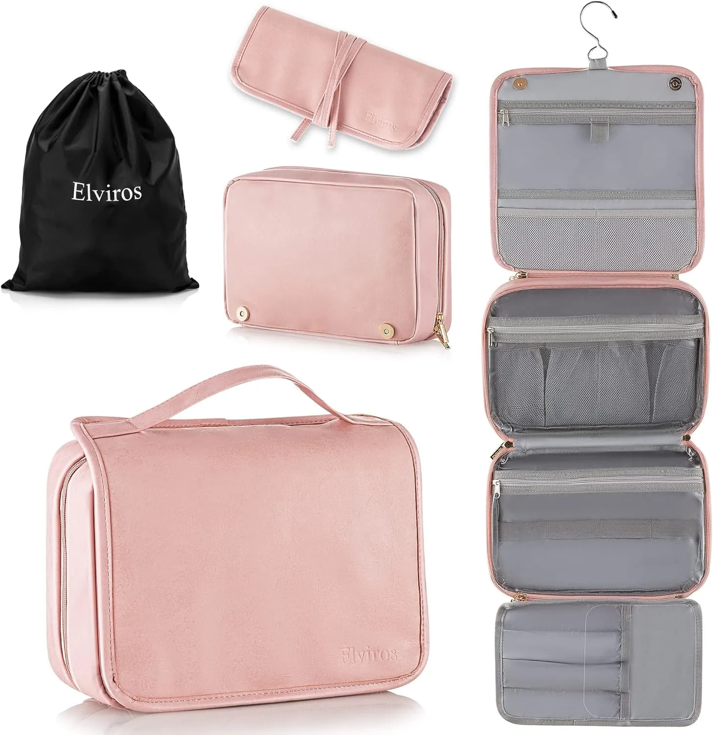 Toiletry Bag Hanging Travel Organizer for Men and Women, 3 in 1 Multifunctional Large Makeup Cosmetic Case for Toiletries Accessories, Water-Resistant PU Leather Bathroom Dopp Kit Shaving Bag