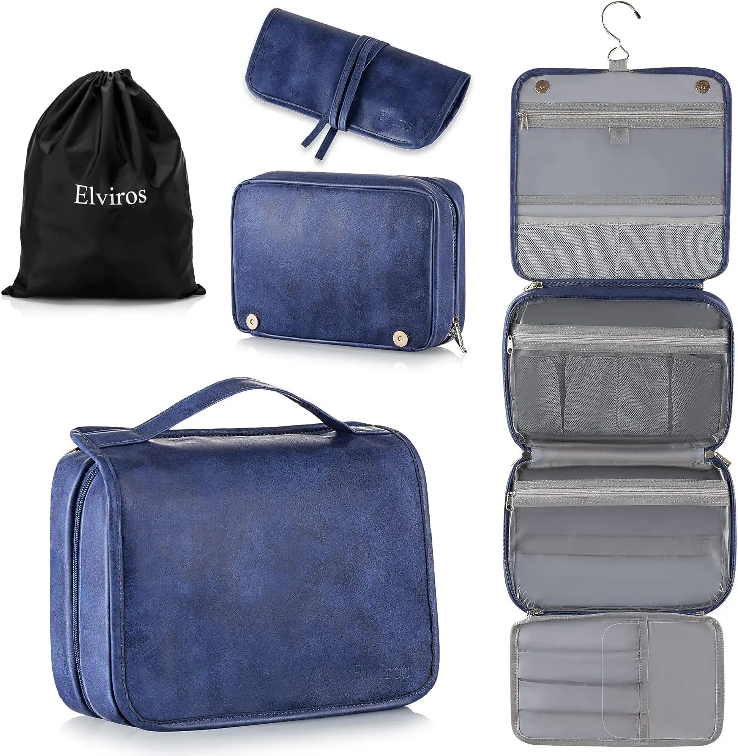 Toiletry Bag Hanging Travel Organizer for Men and Women, 3 in 1 Multifunctional Large Makeup Cosmetic Case for Toiletries Accessories, Water-Resistant PU Leather Bathroom Dopp Kit Shaving Bag