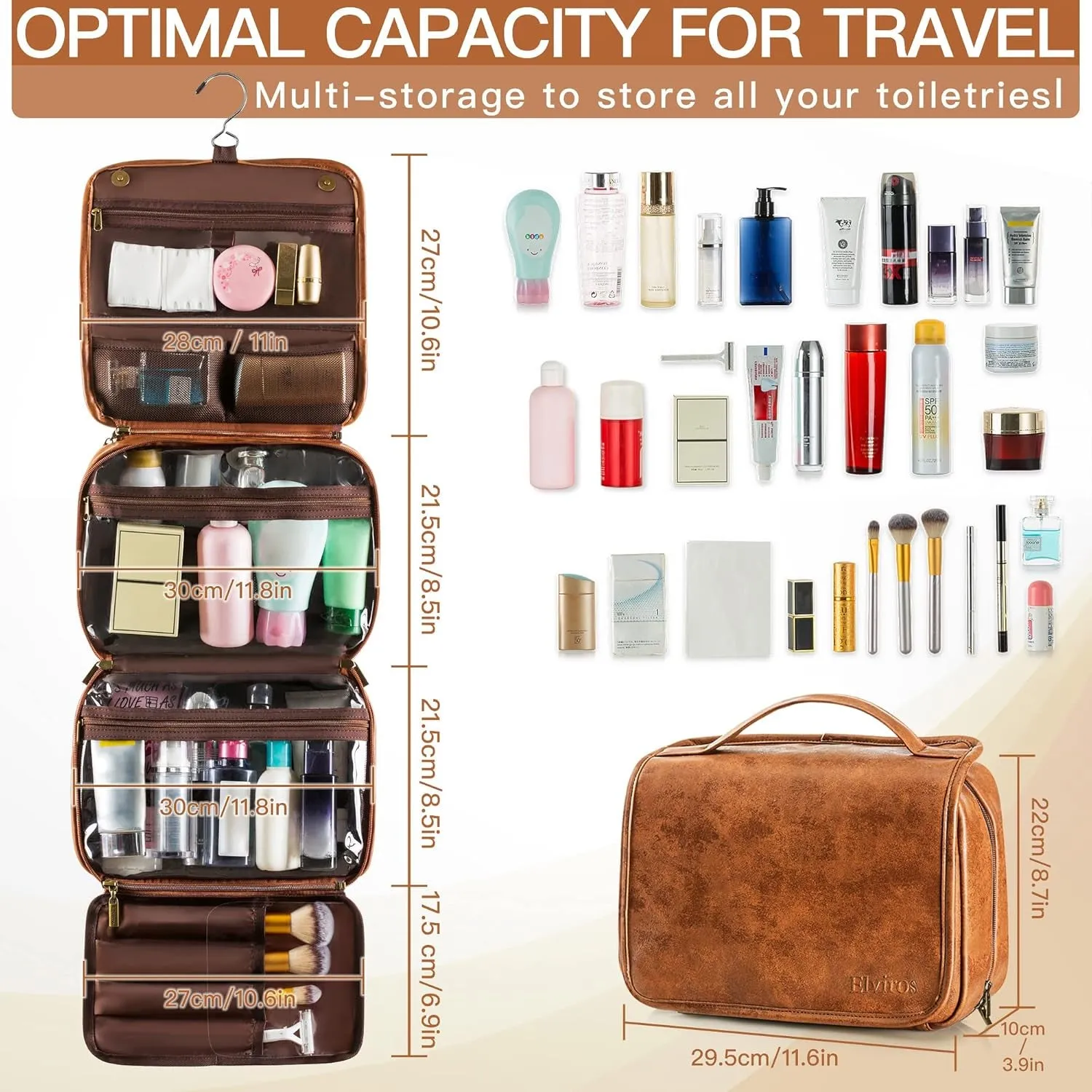 Toiletry Bag Hanging Travel Organizer for Men and Women, 3 in 1 Multifunctional Large Makeup Cosmetic Case for Toiletries Accessories, Water-Resistant PU Leather Bathroom Dopp Kit Shaving Bag
