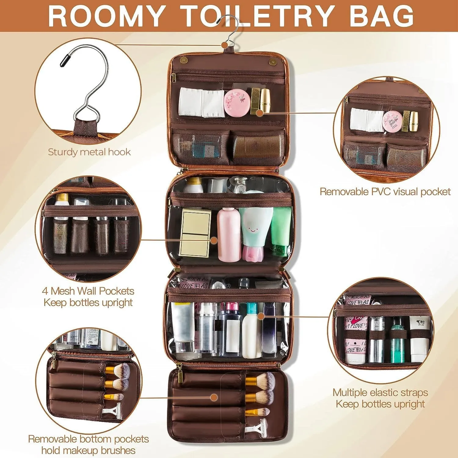 Toiletry Bag Hanging Travel Organizer for Men and Women, 3 in 1 Multifunctional Large Makeup Cosmetic Case for Toiletries Accessories, Water-Resistant PU Leather Bathroom Dopp Kit Shaving Bag