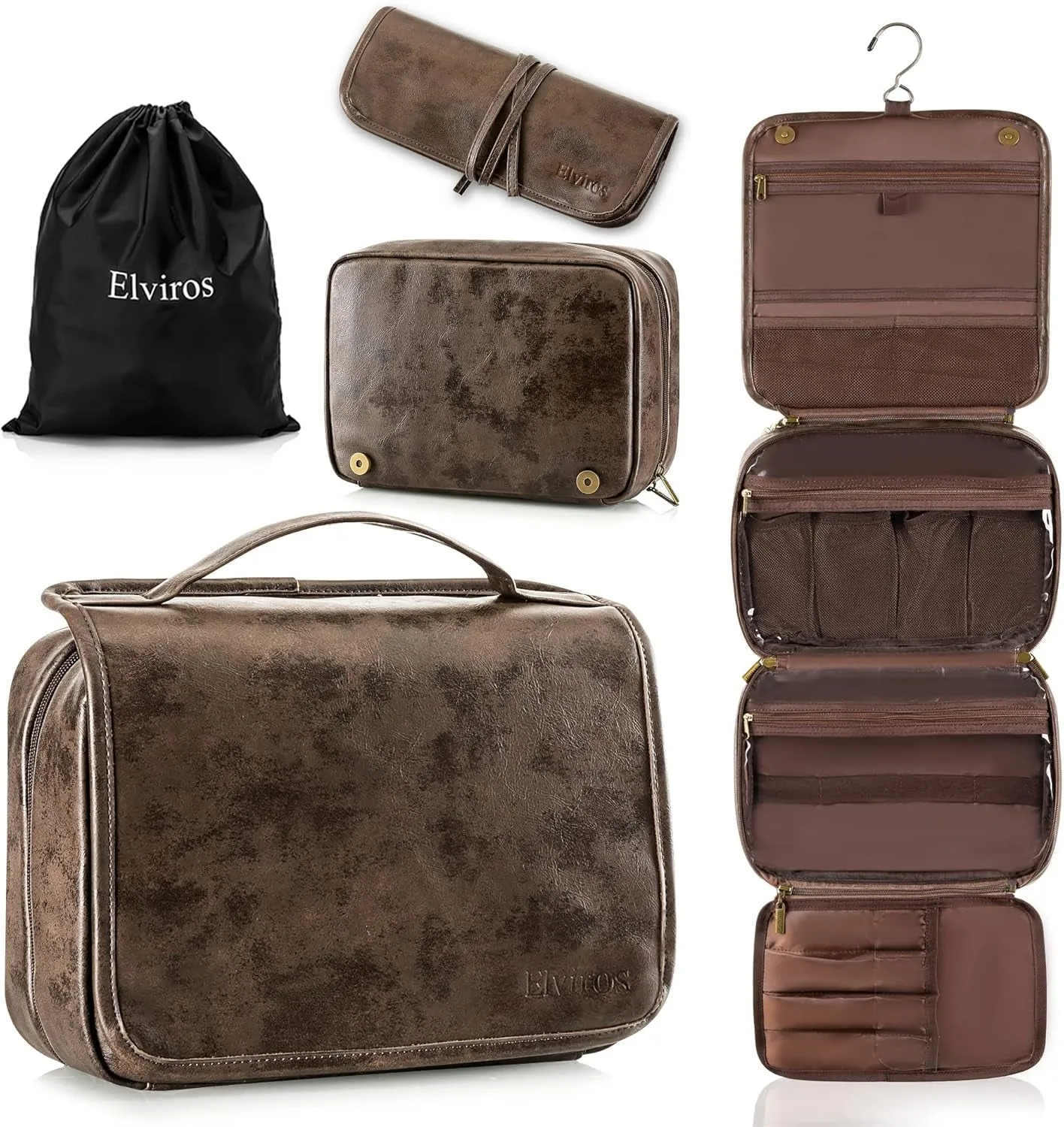 Toiletry Bag Hanging Travel Organizer for Men and Women, 3 in 1 Multifunctional Large Makeup Cosmetic Case for Toiletries Accessories, Water-Resistant PU Leather Bathroom Dopp Kit Shaving Bag