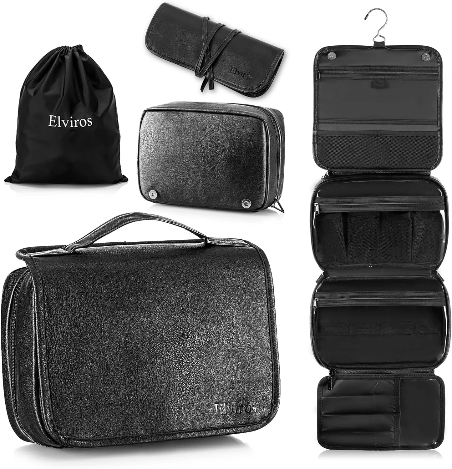 Toiletry Bag Hanging Travel Organizer for Men and Women, 3 in 1 Multifunctional Large Makeup Cosmetic Case for Toiletries Accessories, Water-Resistant PU Leather Bathroom Dopp Kit Shaving Bag