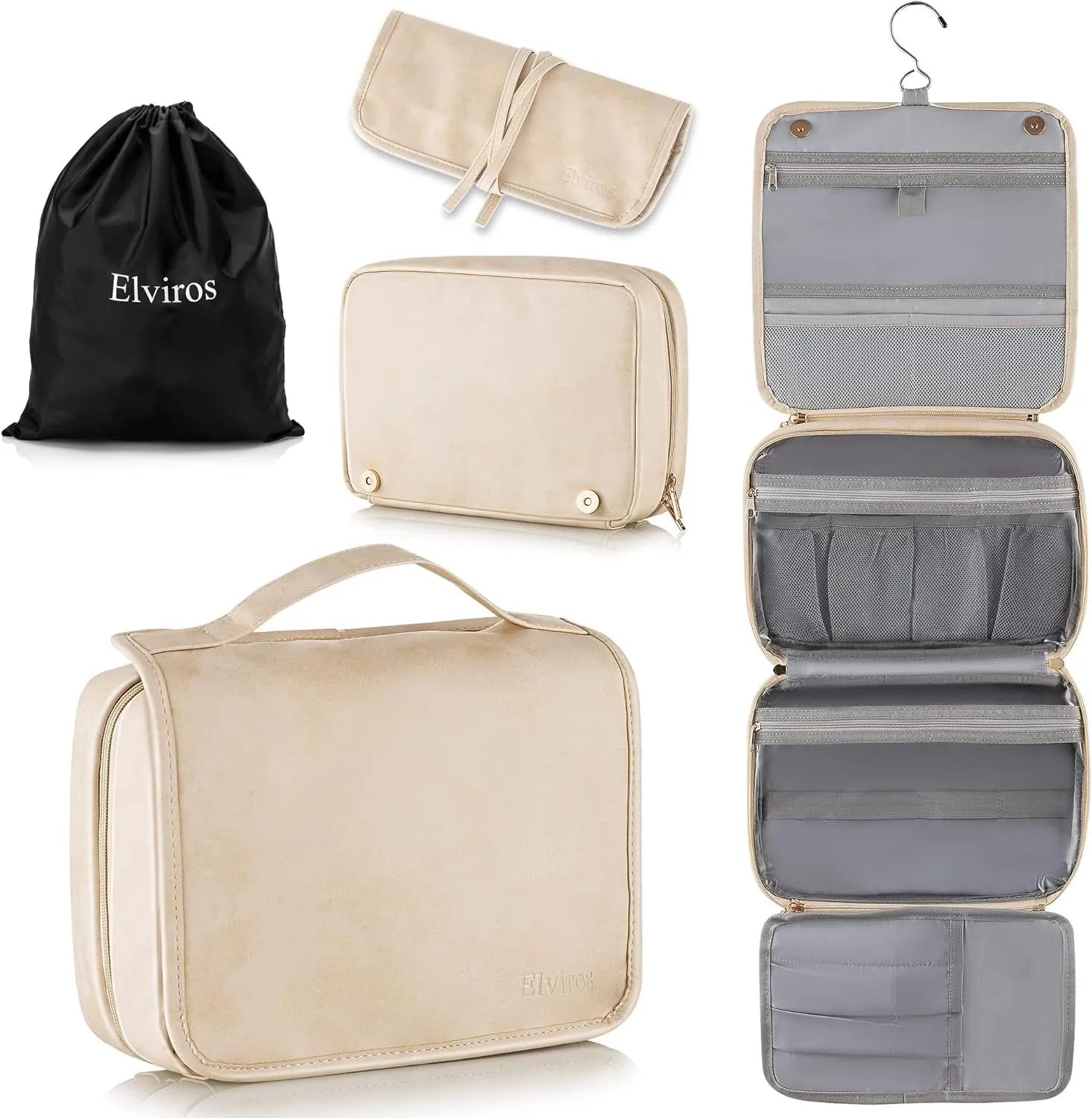 Toiletry Bag Hanging Travel Organizer for Men and Women, 3 in 1 Multifunctional Large Makeup Cosmetic Case for Toiletries Accessories, Water-Resistant PU Leather Bathroom Dopp Kit Shaving Bag
