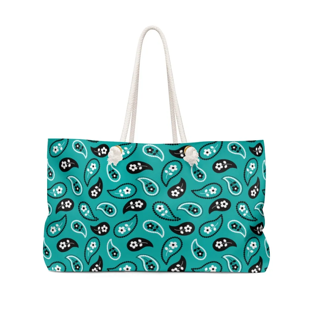Turquoise Paisley Pattern Weekender Bag Beach Back With Rope Handles