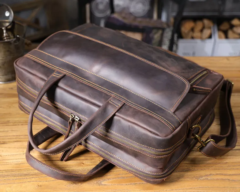 Vintage 17“ Leather Briefcase Full Grain Leather Messenger Bag Men Leather Travel Laptop Bag, Crossbody Bag