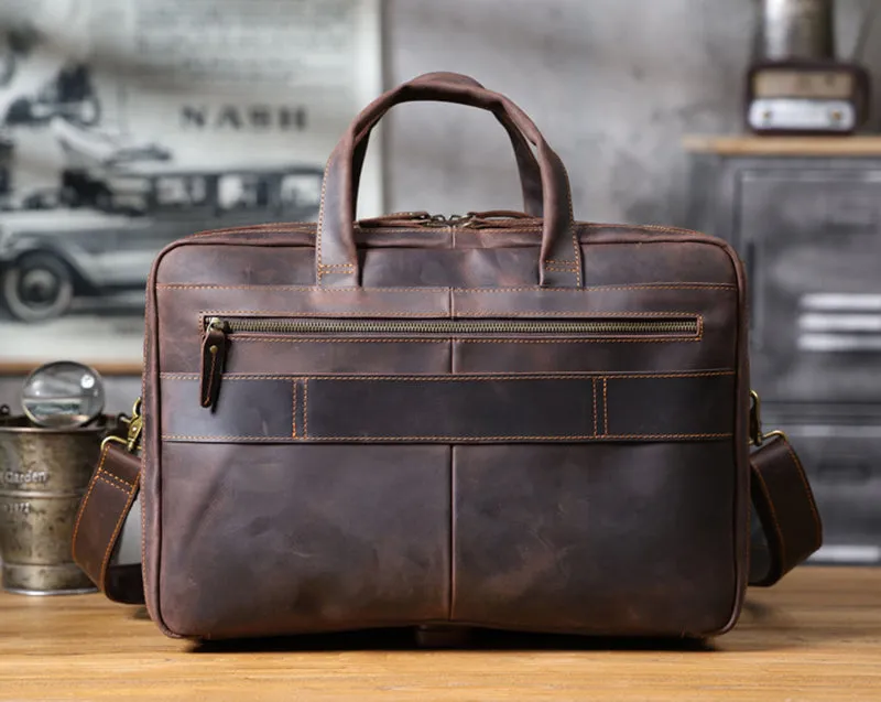 Vintage 17“ Leather Briefcase Full Grain Leather Messenger Bag Men Leather Travel Laptop Bag, Crossbody Bag