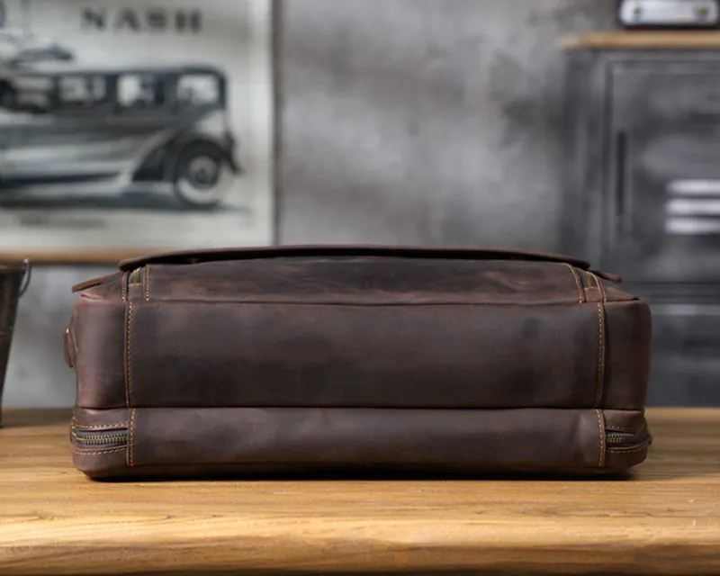 Vintage 17“ Leather Briefcase Full Grain Leather Messenger Bag Men Leather Travel Laptop Bag, Crossbody Bag