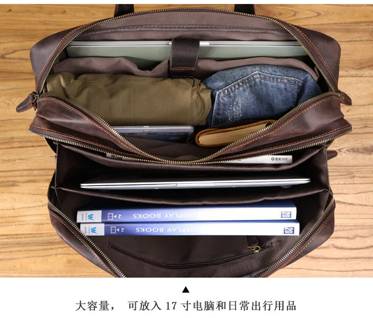 Vintage 17“ Leather Briefcase Full Grain Leather Messenger Bag Men Leather Travel Laptop Bag, Crossbody Bag