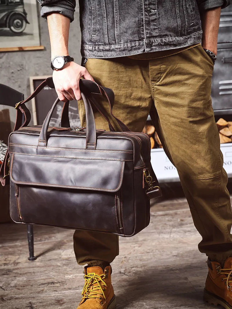 Vintage 17“ Leather Briefcase Full Grain Leather Messenger Bag Men Leather Travel Laptop Bag, Crossbody Bag