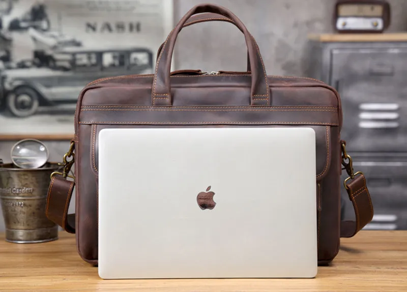Vintage 17“ Leather Briefcase Full Grain Leather Messenger Bag Men Leather Travel Laptop Bag, Crossbody Bag