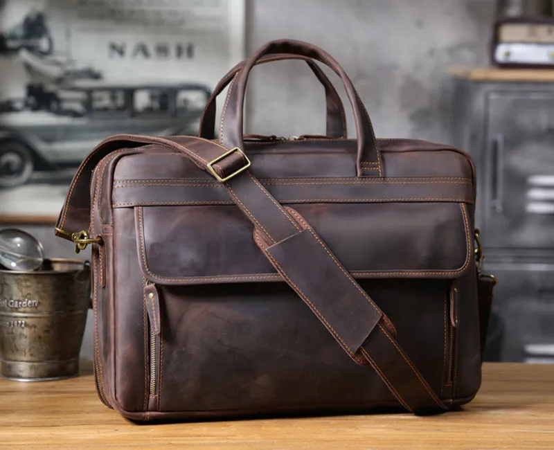 Vintage 17“ Leather Briefcase Full Grain Leather Messenger Bag Men Leather Travel Laptop Bag, Crossbody Bag