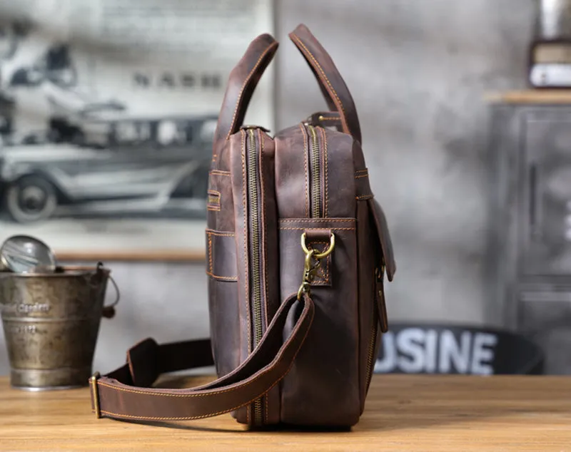 Vintage 17“ Leather Briefcase Full Grain Leather Messenger Bag Men Leather Travel Laptop Bag, Crossbody Bag