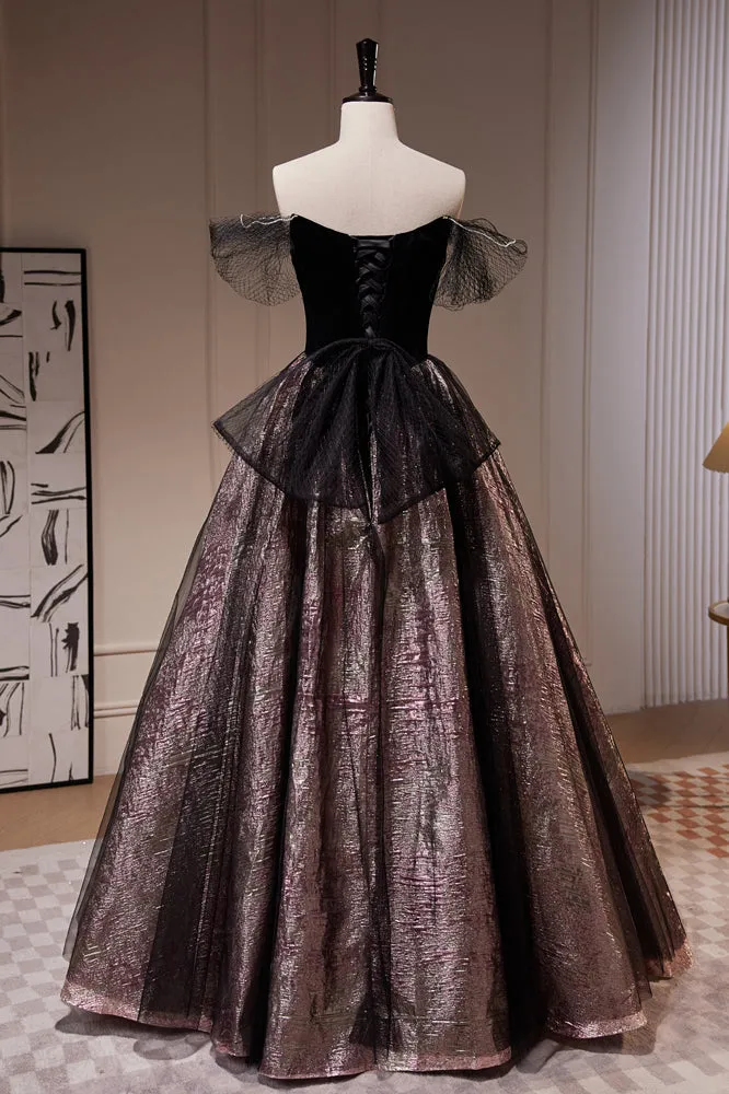 Vintage Black Off The Shoulder Beading Ball Gown A Line Tulle Long Prom Dresses