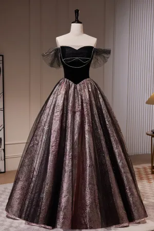 Vintage Black Off The Shoulder Beading Ball Gown A Line Tulle Long Prom Dresses