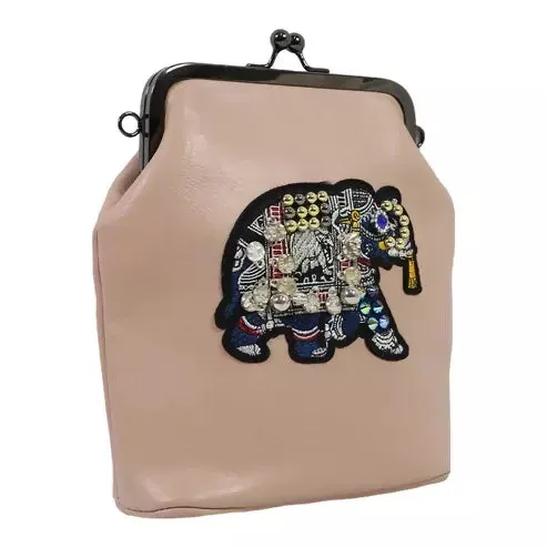 Vintage Elephant Embroidered Sling Bag (Beige)