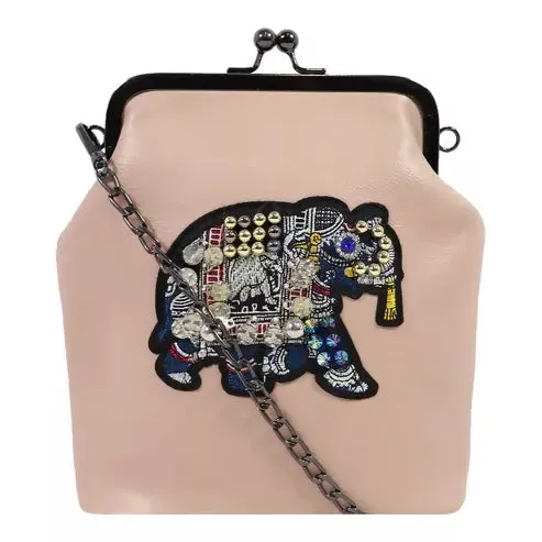 Vintage Elephant Embroidered Sling Bag (Beige)
