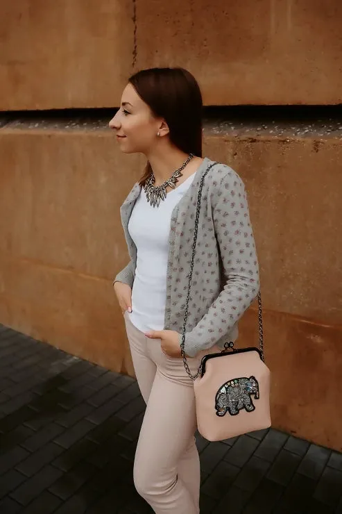 Vintage Elephant Embroidered Sling Bag (Beige)