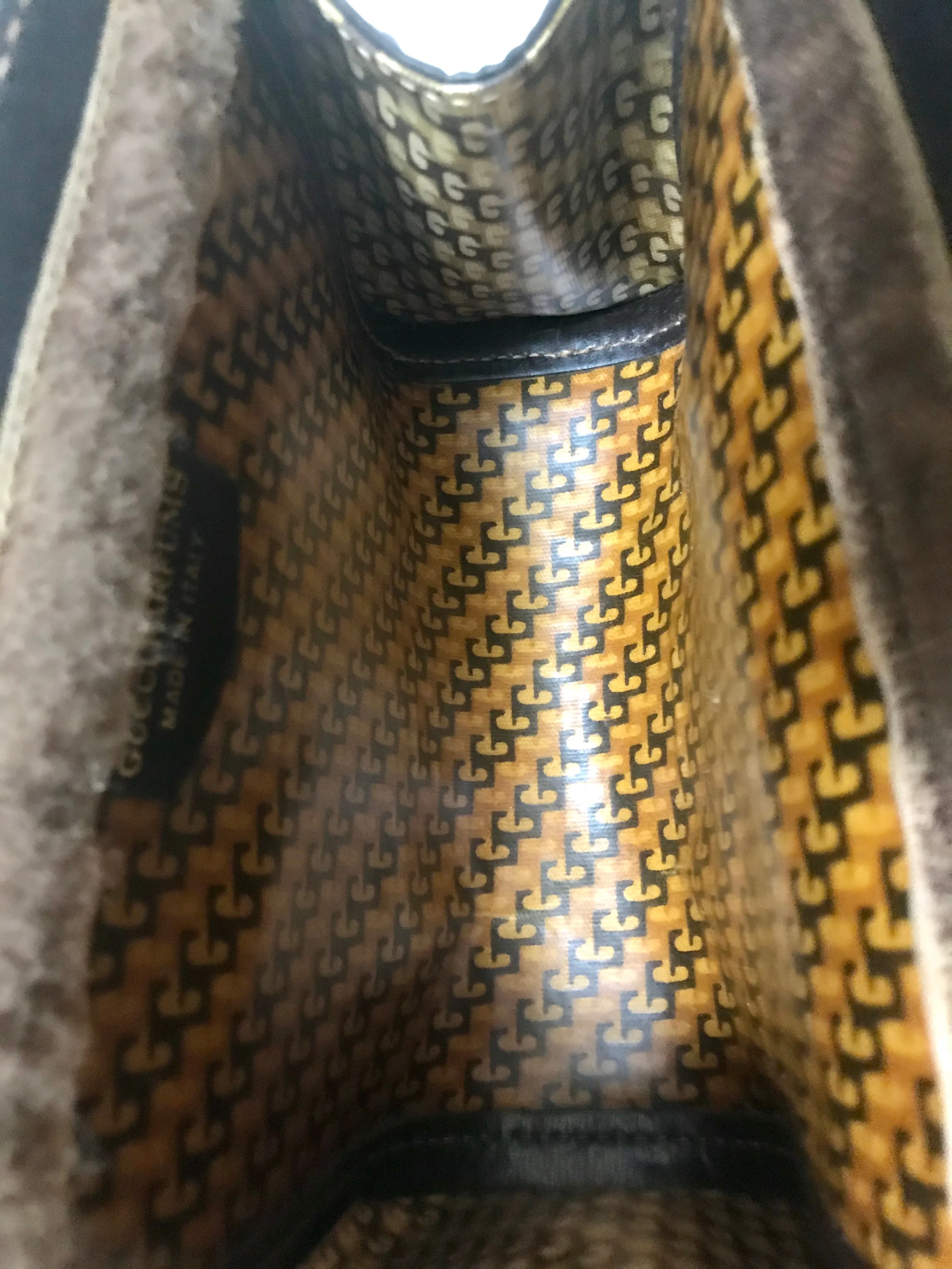 Vintage Gucci brown suede clutch purse with red and green webbing tape and Velcro closure. Webbing, Gucci Parfums collection. 050818f1