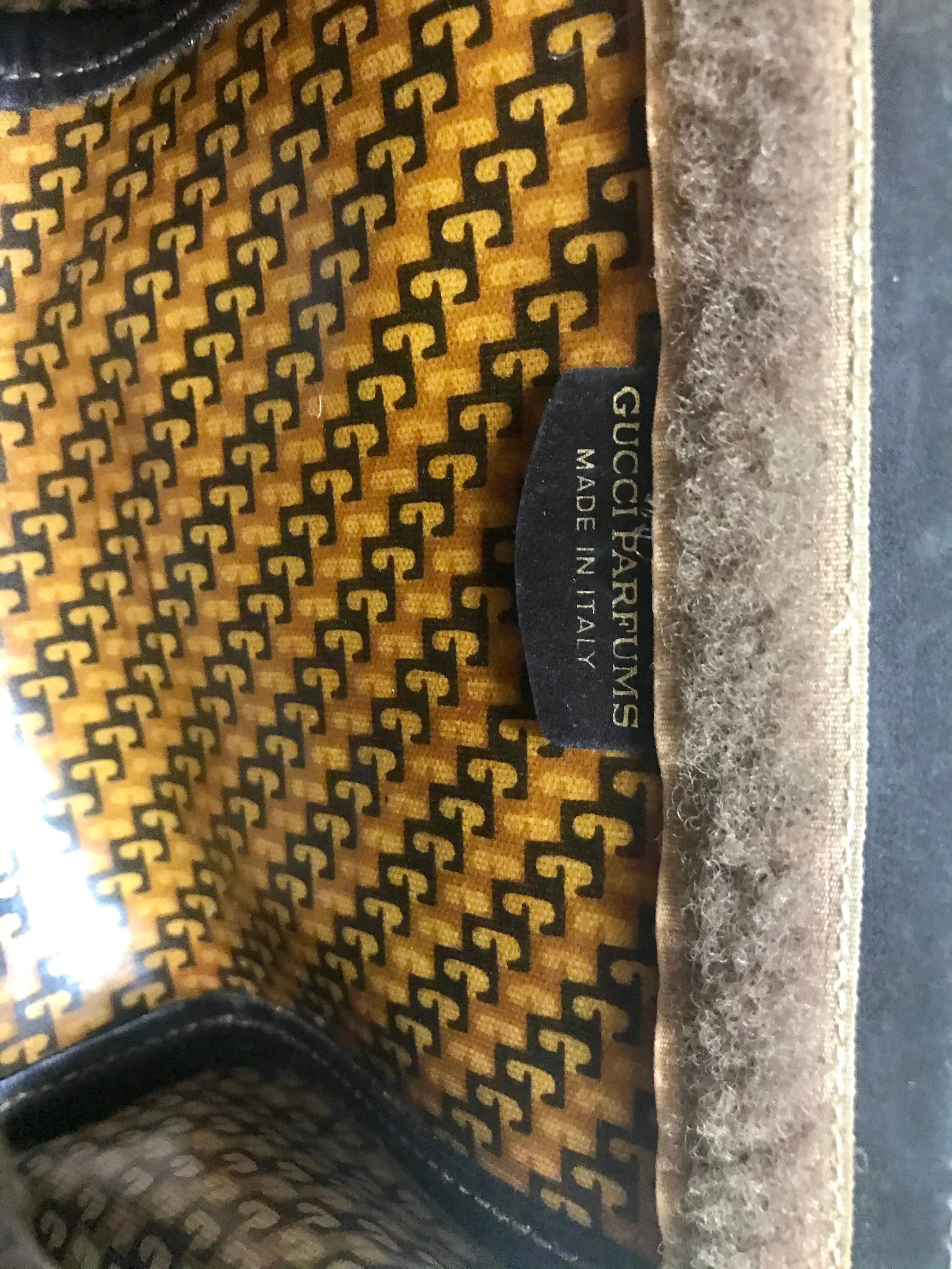 Vintage Gucci brown suede clutch purse with red and green webbing tape and Velcro closure. Webbing, Gucci Parfums collection. 050818f1
