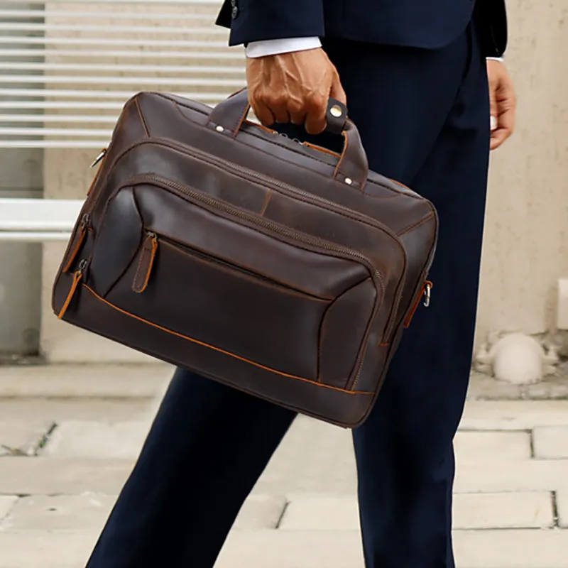 Vintage Leather Briefcase 15.6" Laptop Bag Full Grain Leather Messenger Bag Travel Shoulder Bag Crossbody Bag