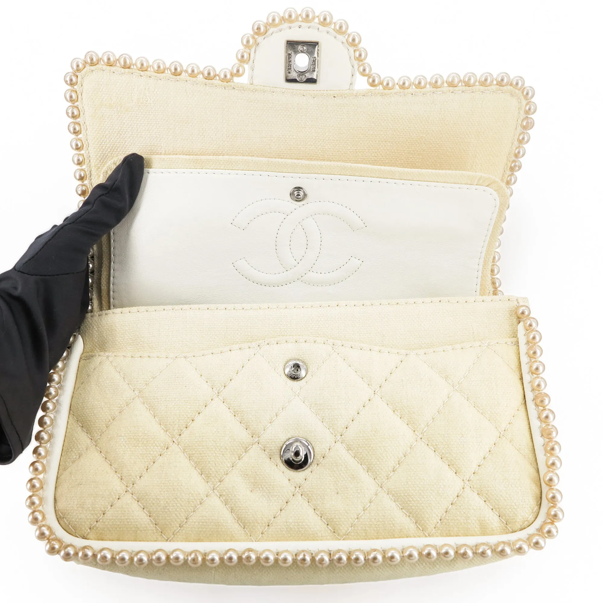 Vintage Pearl Trim Quilted Canvas Medium Classic Double Flap Bag