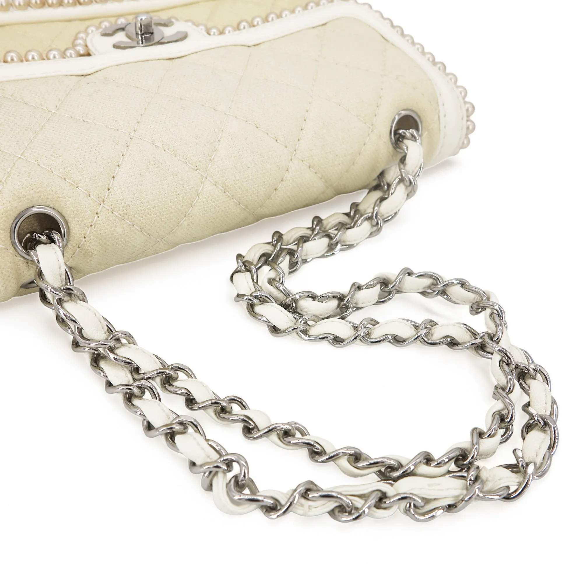 Vintage Pearl Trim Quilted Canvas Medium Classic Double Flap Bag