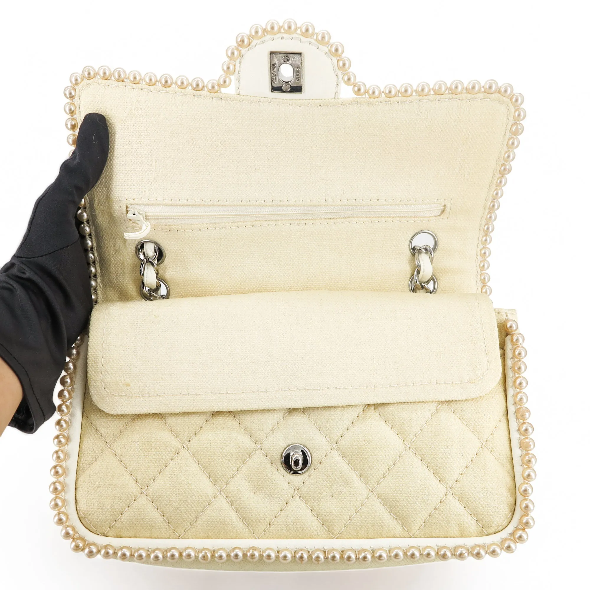 Vintage Pearl Trim Quilted Canvas Medium Classic Double Flap Bag