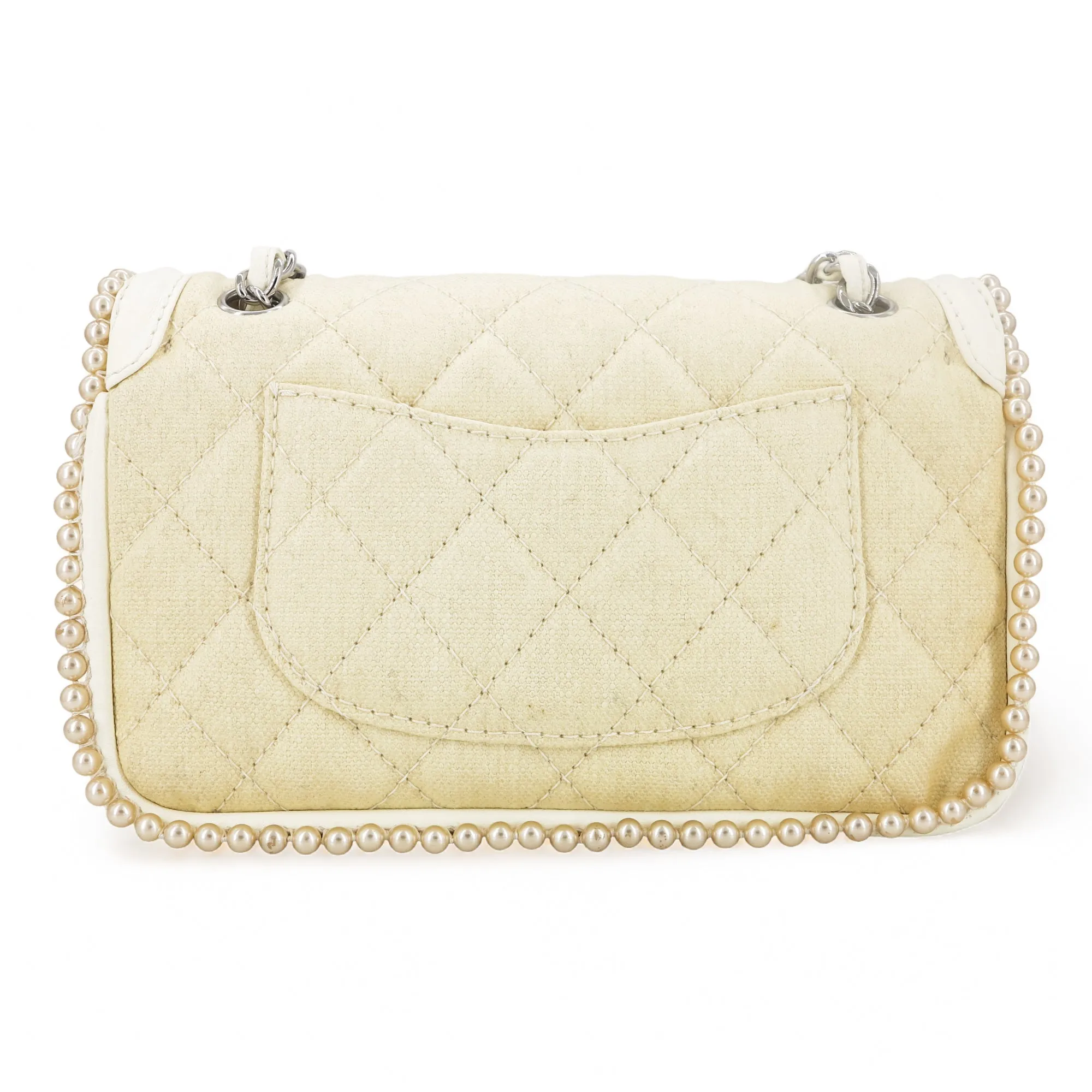 Vintage Pearl Trim Quilted Canvas Medium Classic Double Flap Bag