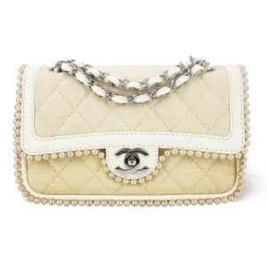 Vintage Pearl Trim Quilted Canvas Medium Classic Double Flap Bag