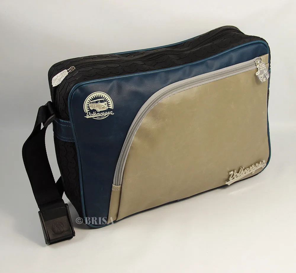 VW T1 Bus Vintage Look Messenger Bag With Tire Tread Edging - Blue/Beige