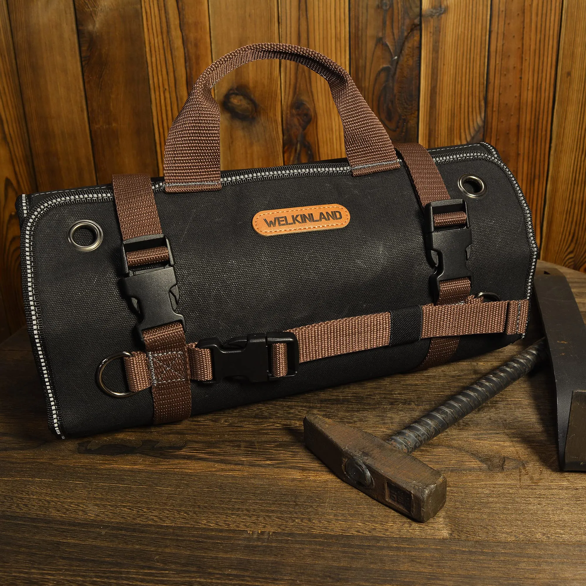WELKINLAND Heavy-Duty Waxed Canvas Tool roll bags, 15-Pockets, 15L