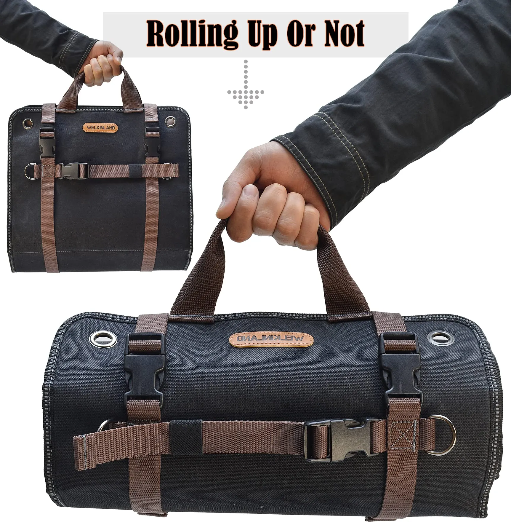 WELKINLAND Heavy-Duty Waxed Canvas Tool roll bags, 15-Pockets, 15L