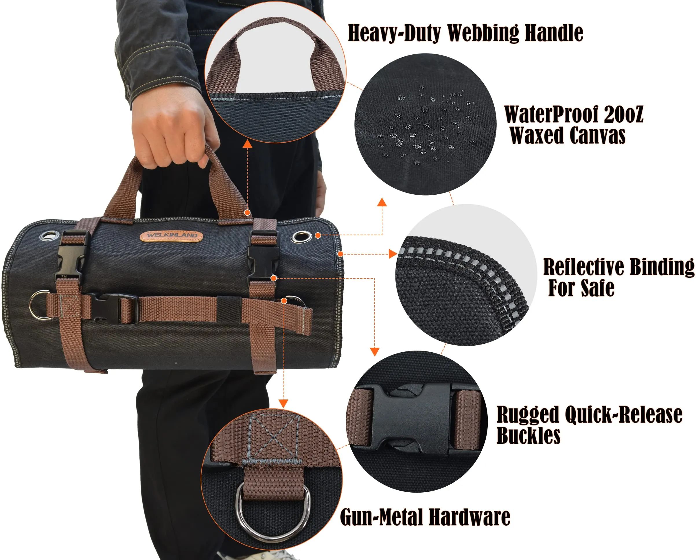 WELKINLAND Heavy-Duty Waxed Canvas Tool roll bags, 15-Pockets, 15L